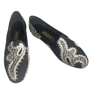 Zalo Embroidered Flats Black and White Smoking Loafers 8.5